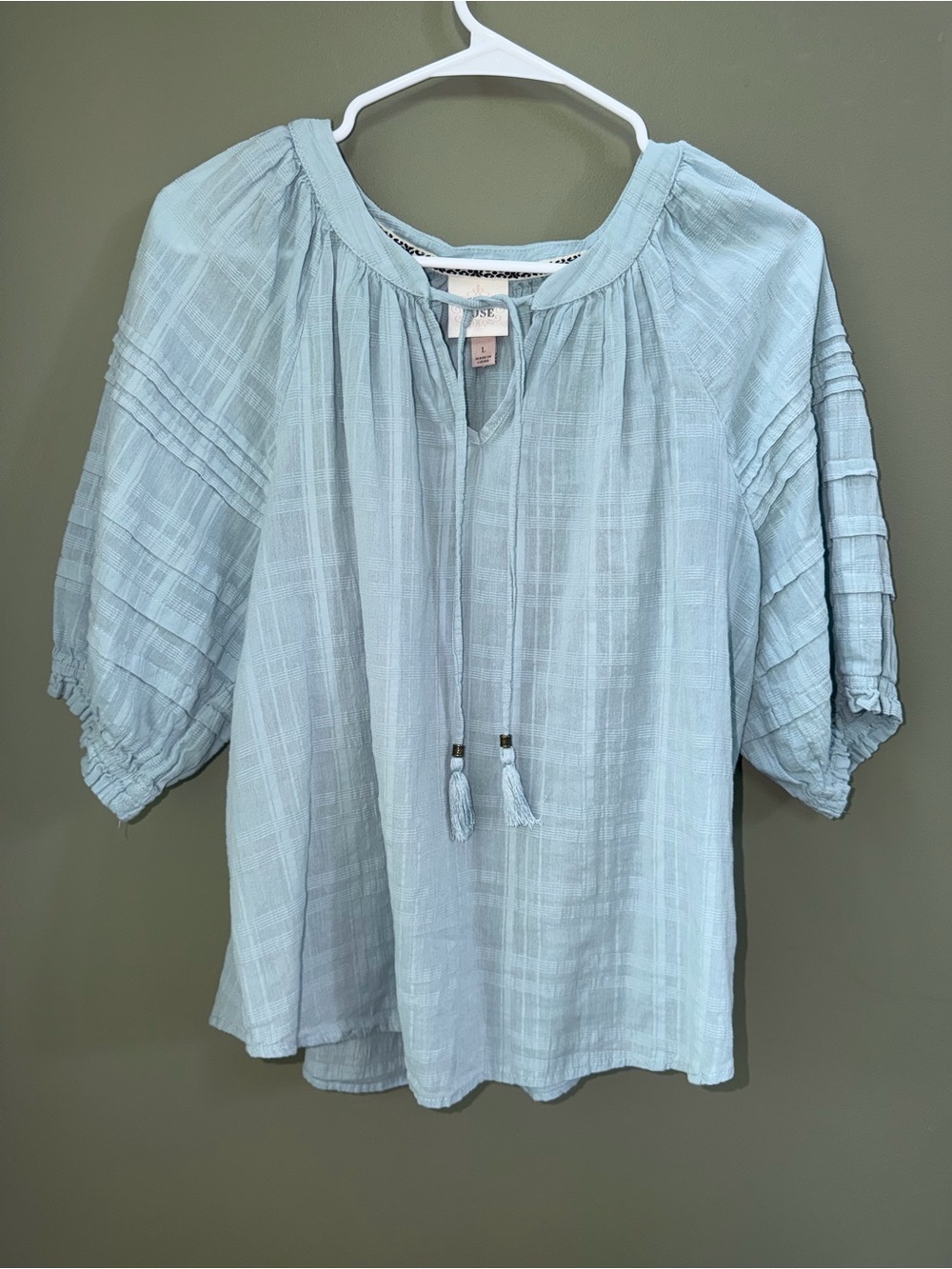 Knox Rose sz Large Light Blue Boho Peasant Blouse 3/4 Sleeve